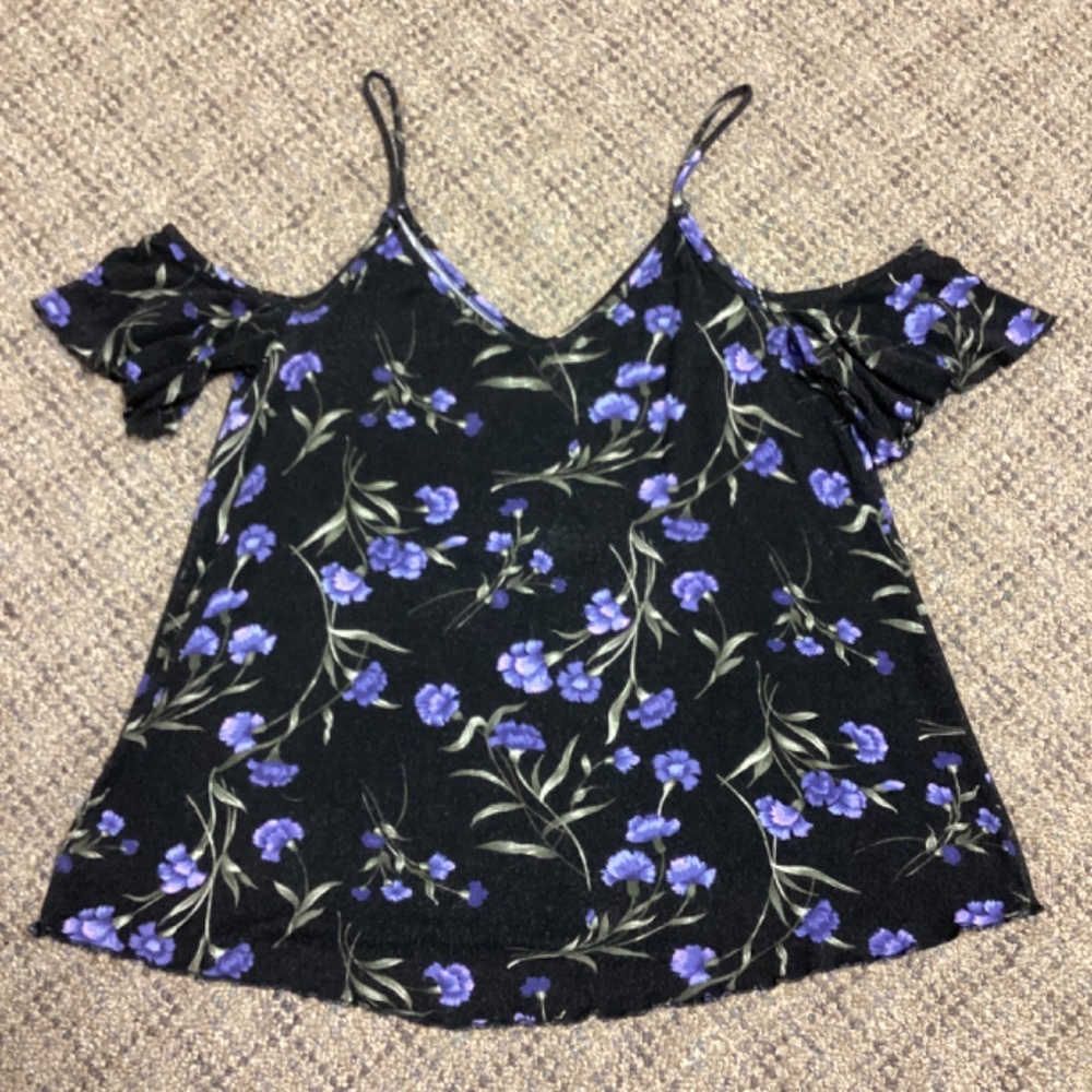 American Eagle Soft Black Purple Floral Off The Shoulder Top * Size Small - Picture 4 of 6